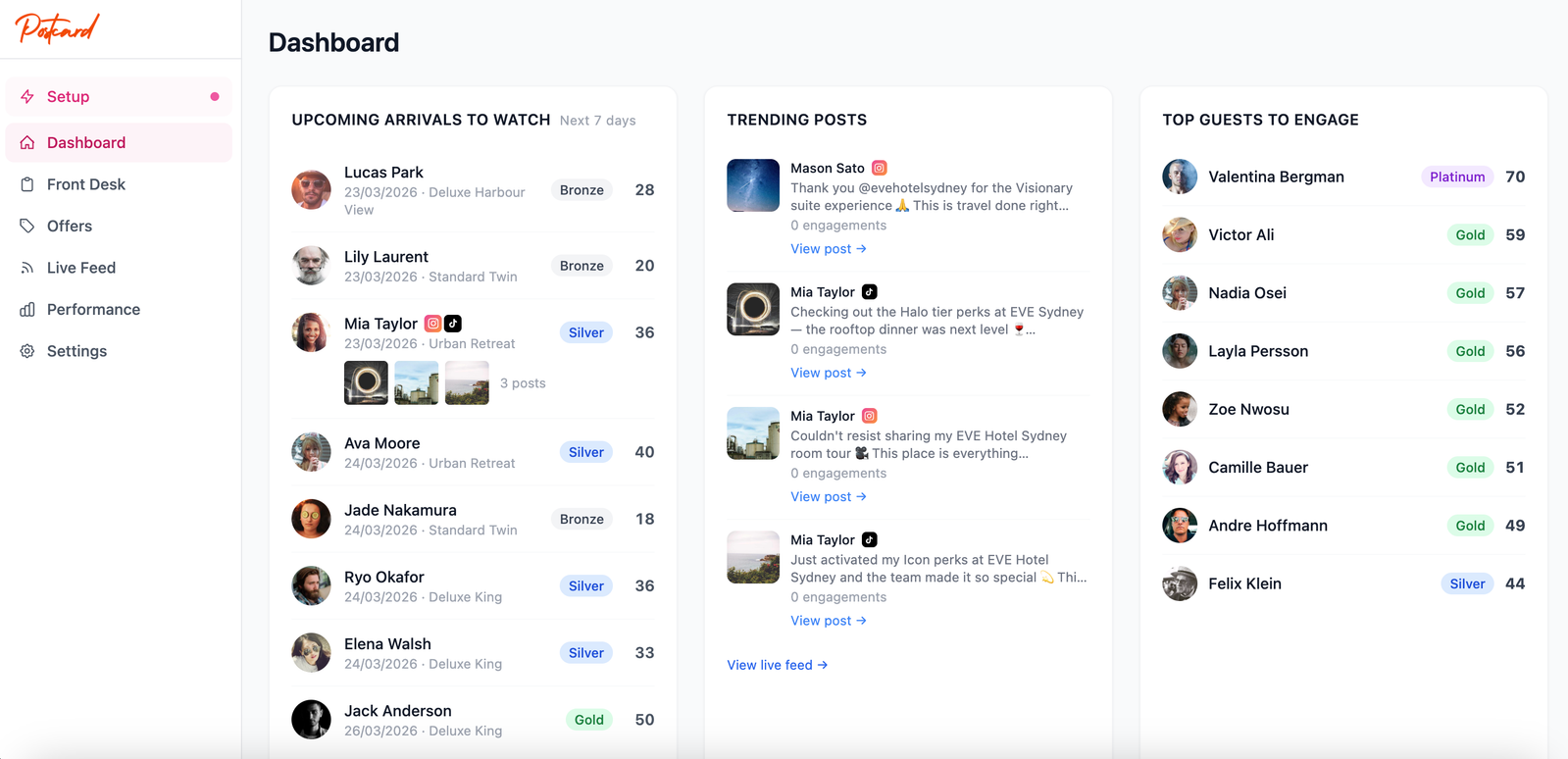 Postcard live post feed and ROI attribution